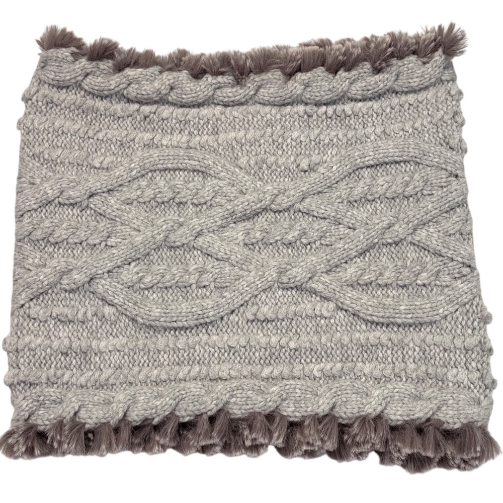 Banana Republic Grey Cable Knit Snood Faux Fur Trim Merino Alpaca 889223-01
